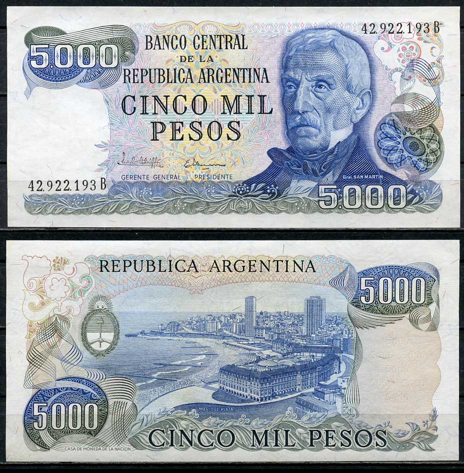 Аргентина 5000 песо ND (1976-1983) Генерал Сан Мартин (1778-1850), Мар-дель-Плата Pick 305 b (1)  бумага  UNC (пресс) 447-80-1