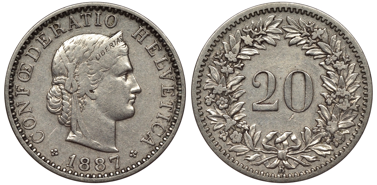 ШВЕЙЦАРИЯ 20 РАППЕНОВ 1887 KM 29 медно-никель 441-1234