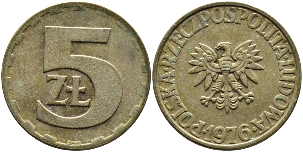 Польша 5 злотых 1976 монетный двор Ленинград (ЛМД) KM 81.1, Parchimowicz 221b латунь 4391-1216