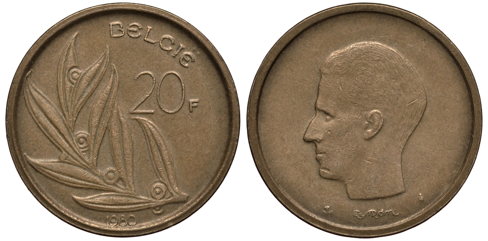 БЕЛЬГИЯ 20 ФРАНКОВ 1980 BELGIE, БОДУЭН I (1951-1993) KM 160 никель бронза VG 4182-632