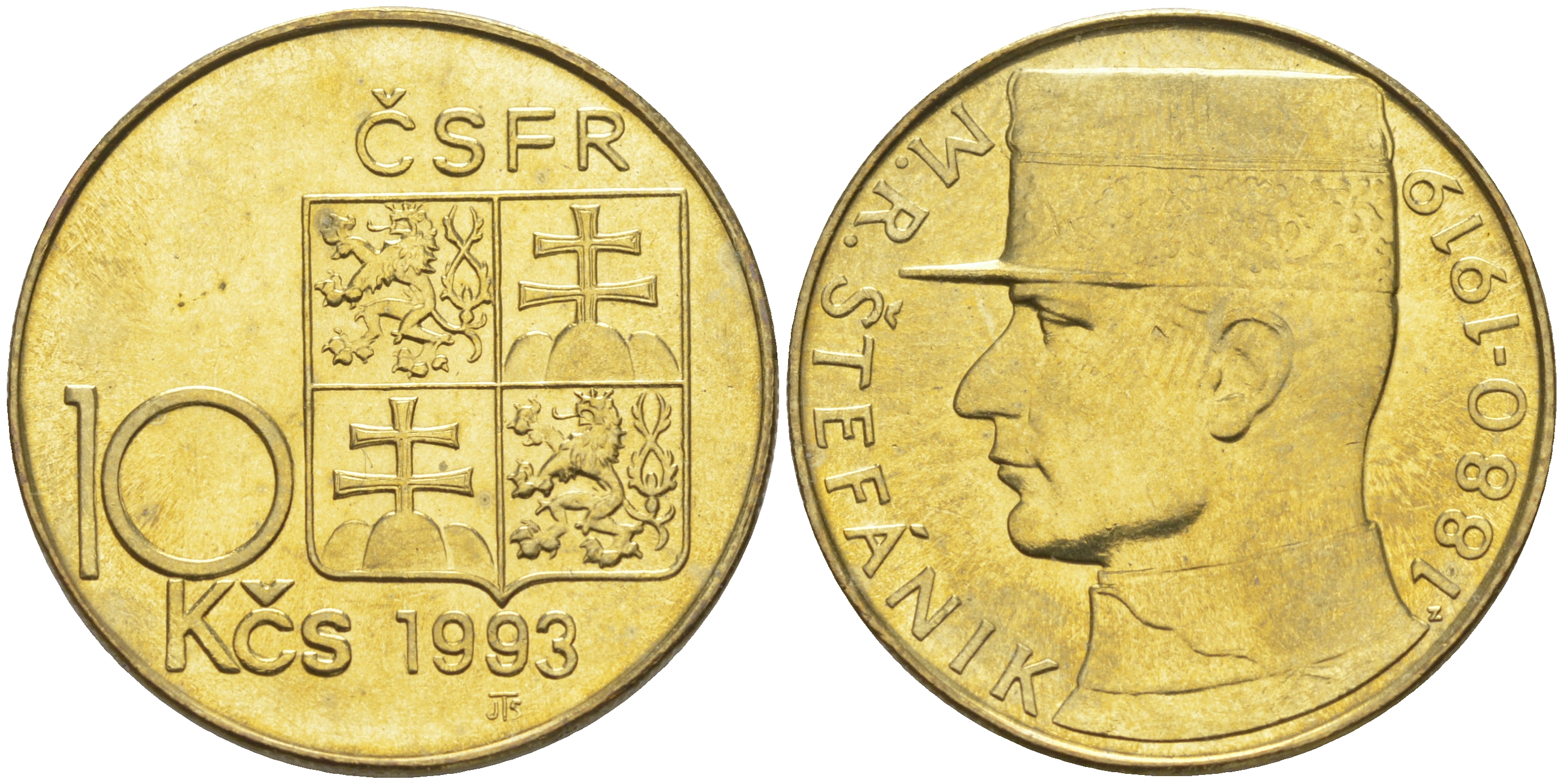 ЧЕШСКАЯ И СЛОВАЦКАЯ ФЕДЕРАТИВНАЯ РЕСПУБЛИКА 10 КРОН 1991 ЧСФР, МИЛАН ШТЕФАНИК (1880-1919) KM 153 никель бронза 1087-10-13