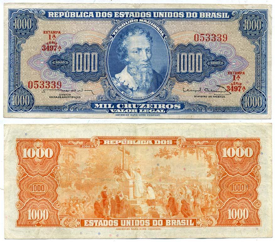 БРАЗИЛИЯ 1000 КРУЗЕЙРО 1963 СЕРИЯ 3497, ВЫПУСК 1А, ПОДПИСЬ 12 Pick 173c бумага 7485-19-3