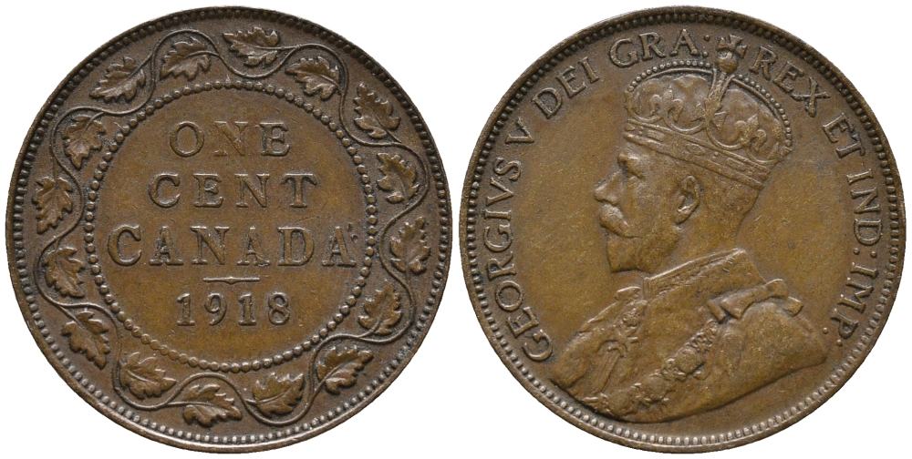 Канада 1 цент 1918 Георг V (1910-1936), большой формат KM 21 бронза 34-634