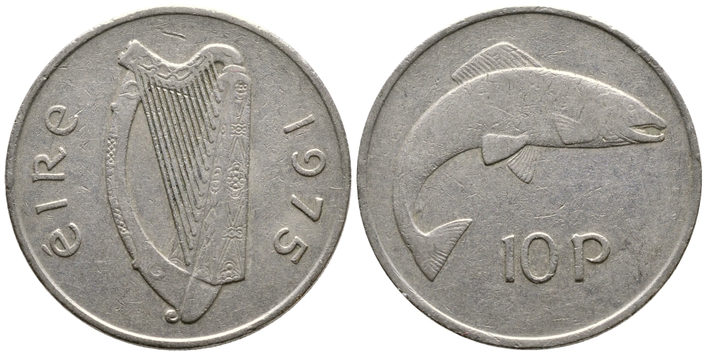 ИРЛАНДИЯ 10 ПЕНСОВ 1975 ЛОСОСЬ KM 23 медно-никель 4110-442