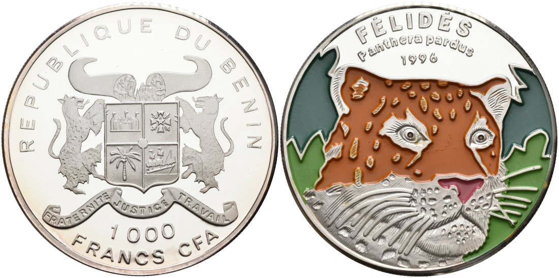 Бенин 1000 франков 1996 леопард, цветная эмаль KM 19 серебро PROOF 01-076-35