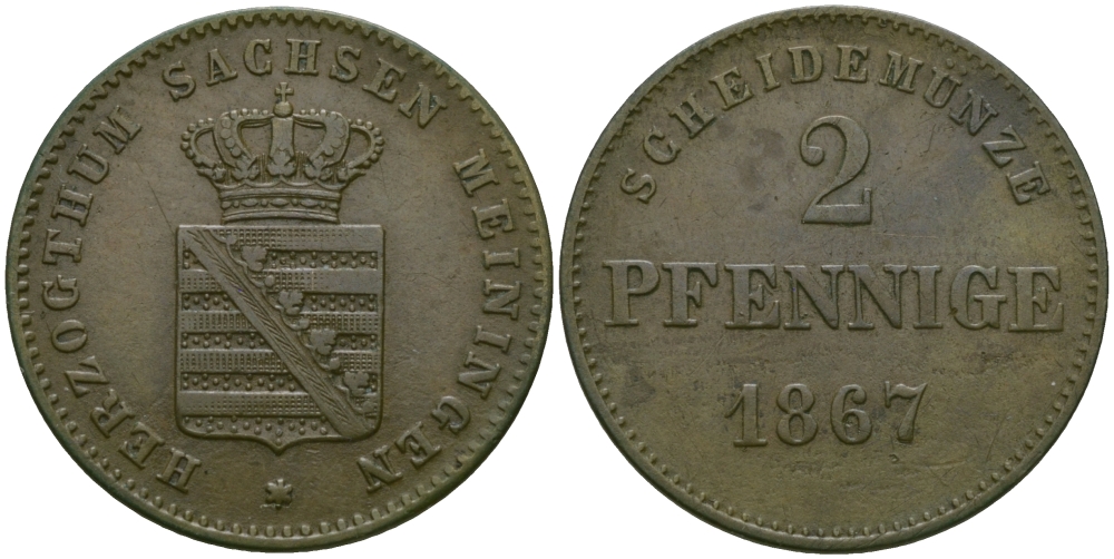 Саксен-Мейнинген 2 пфеннига 1867 Георг II (1866-1914) KM 174 медь 99-651