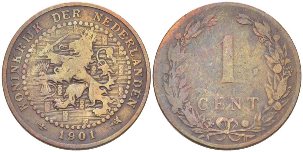 НИДЕРЛАНДЫ 1 ЦЕНТ 1901 ВИЛЬГЕЛЬМИНА (1890-1948), 15 ГЕРБОВ KM 130 бронза 218-858