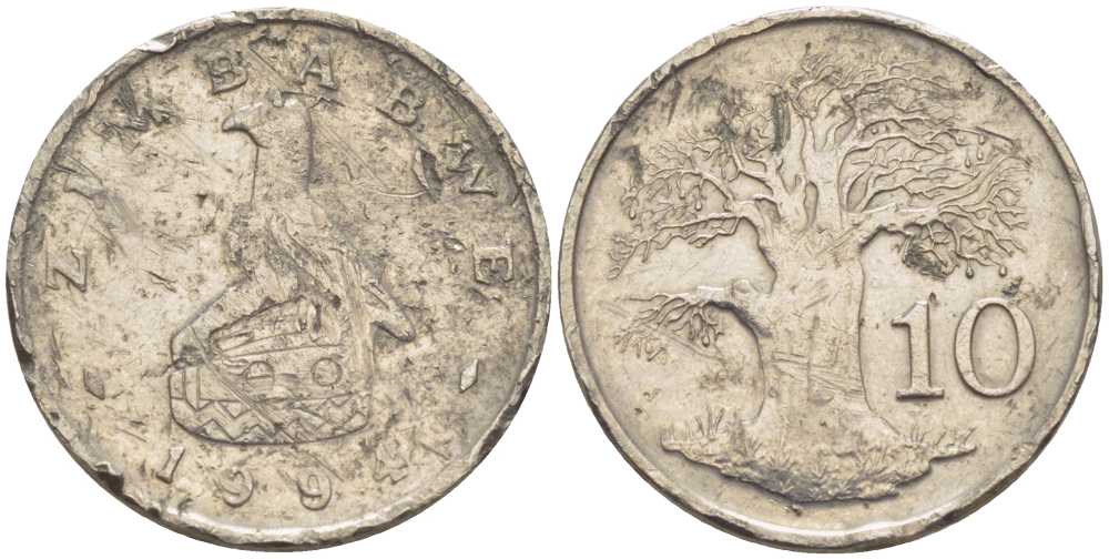 Зимбабве 10 центов 1992 птица-идол, баобаб KM 3 медно-никель 116-1069