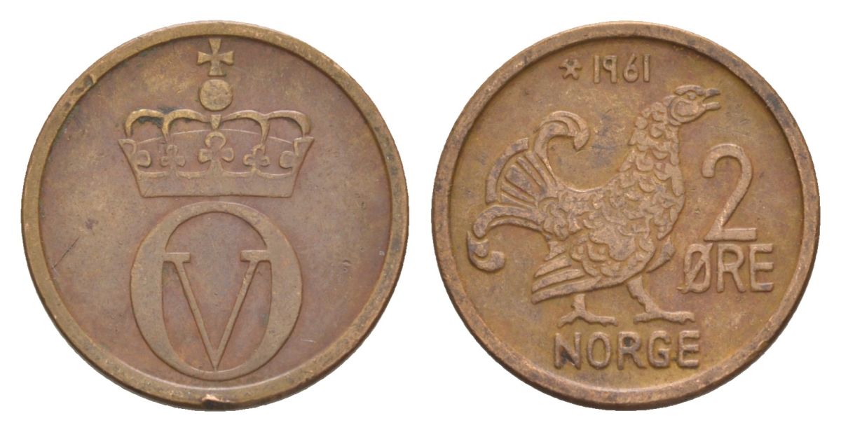 Норвегия 2 эре 1961 Улаф V (1957-1991) KM 410 бронза 4635-336