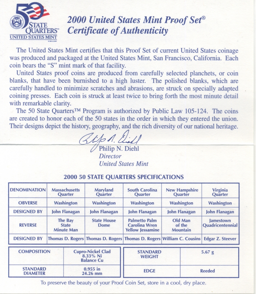 США 2 официальных набора в одном 2000 S, два пруфсета в пластиковых коробках, регулярный чекан и 5 квотеров штаты, в оригинальной коробке с сертификатом PROOF 00-00