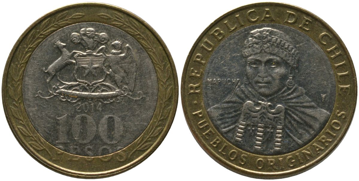 Чили 100 песо 2014 So KM 236, Schon 84 биметалл 4544-244