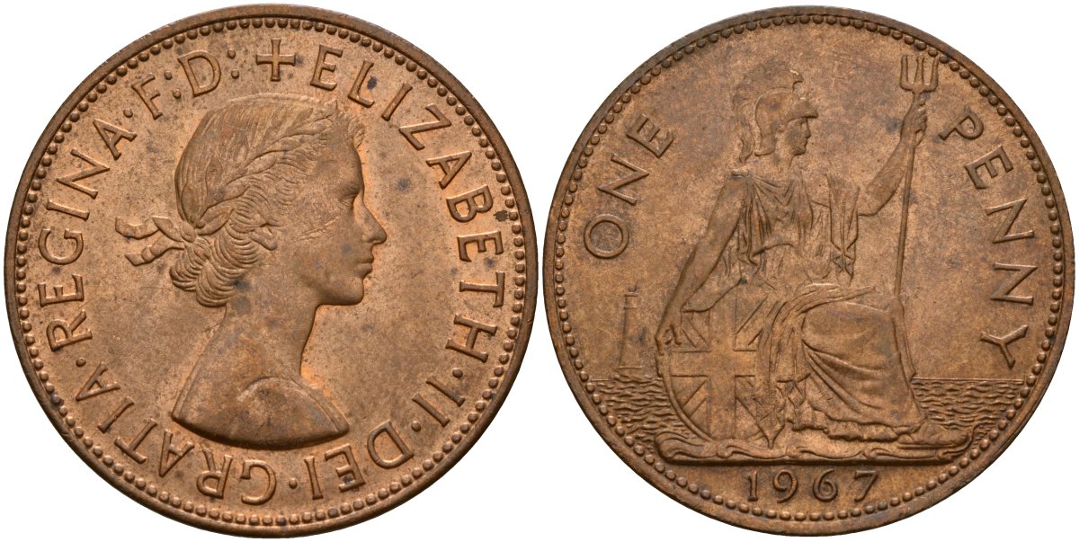 Великобритания 1 пенни 1967 Елизавета II (1952-2022) KM 897, Spink 4157 бронза UNC 4149-1145