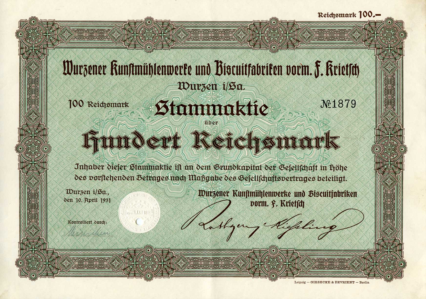 Германия 100 рейхсмарок 1931 Художественные фабрики Вюрцена и бисквитные фабрики, в частности, им. Ф. Критча, им. Вюрцена и др., зеленая, акция   бумага  8801-50-1