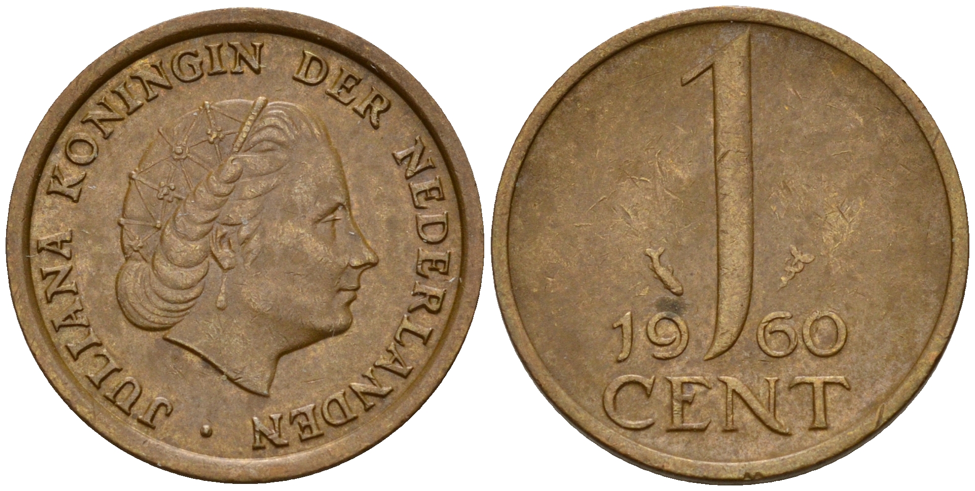 Нидерланды 1 цент 1960 Юлиана (1949-1980) KM 180 бронза    4598-216