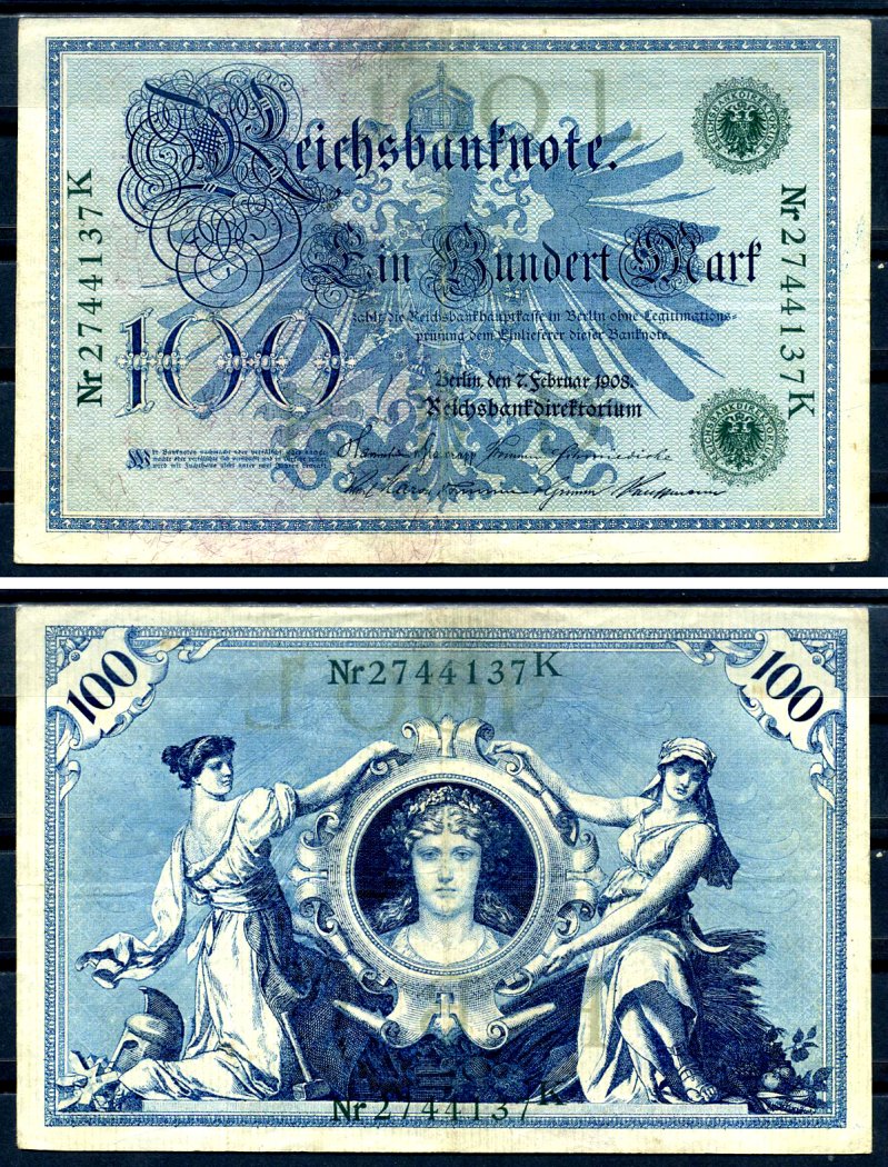 Германия 100 марок 1908 7 февраля 1908, выпуск конец 1916 - ноябрь 1918, зеленая печать Pick 34 бумага 8619-32-1-1