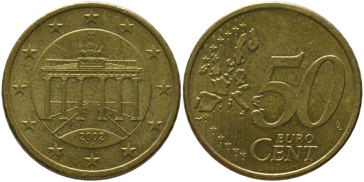 Германия 50 евроцентов 2002 J, Бранденбургские ворота KM 212 нордик 4573-816