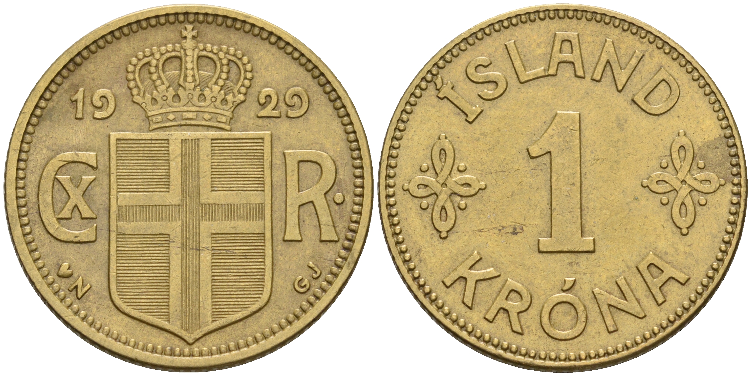 Исландия 1 крона 1929 N-GJ, Кристиан X (1912-1944) KM 3.1 алюминиевая бронза 93-432