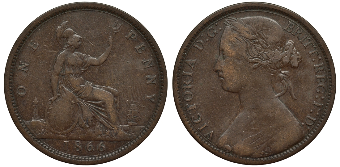 Великобритания 1 пенни 1866 Виктория (1837-1901) KM 749.2, Spink 3954 бронза 1524-531