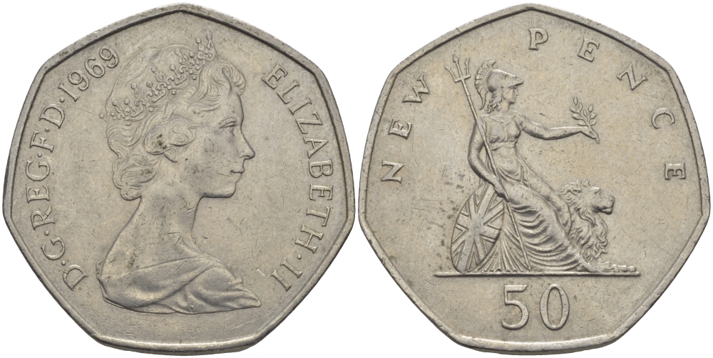 Великобритания 50 пенсов 1969 Елизавета II (1952-2022) KM 913, Spink 4223 (H1) медно-никель 97-1122