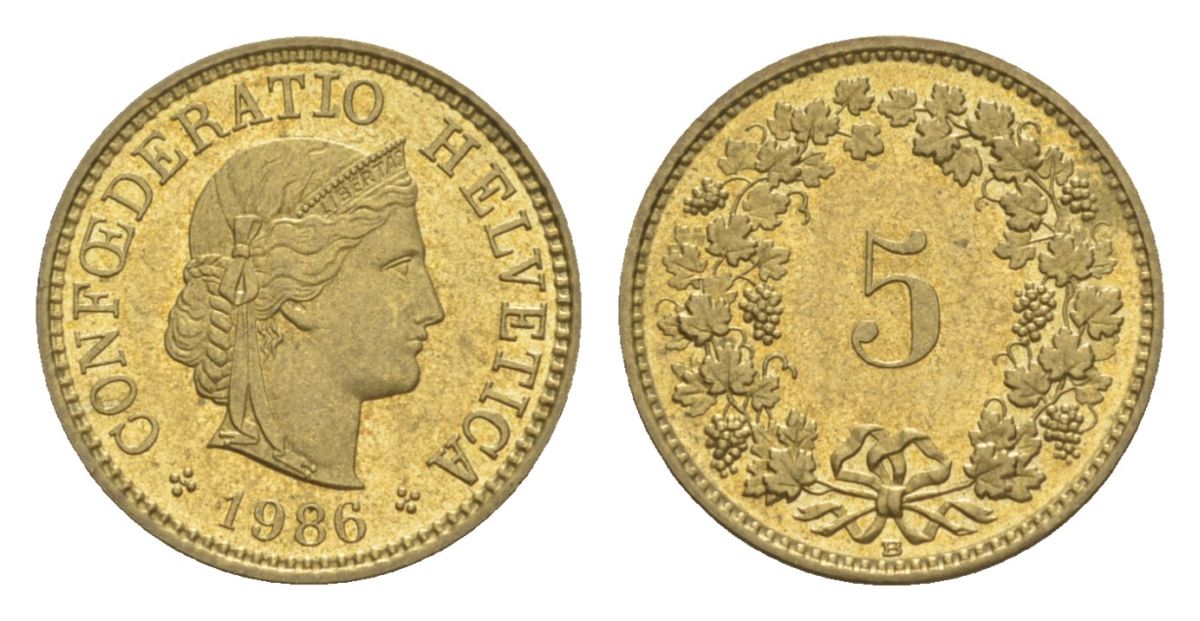 Швейцария 5 раппенов 1986 KM 26c алюминиевая бронза UNC 4632-458