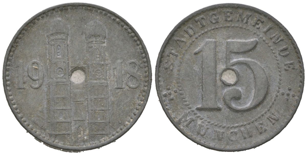 Мюнхен 15 пфеннигов 1918 Funck 348.1A, Men18 22407.1 цинк 4124-468