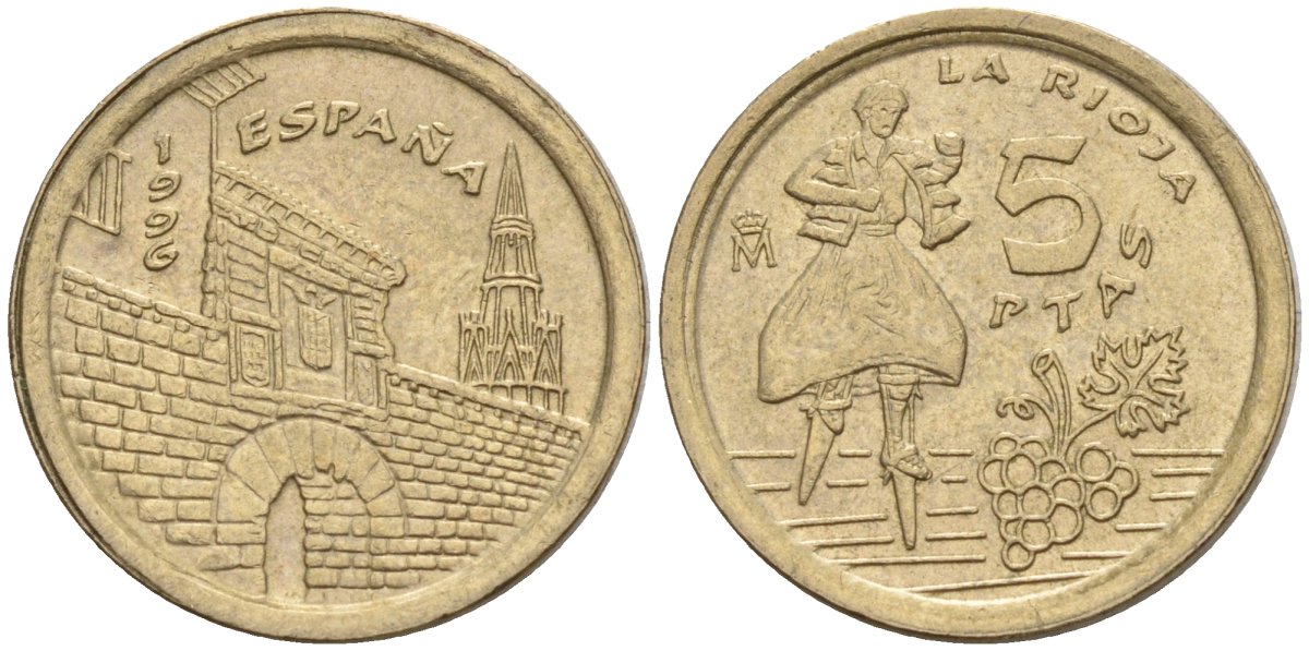 Испания 5 песет 1996 Хуан Карлос I (1975-2014), Риоха (La Rioja) KM 960 алюминиевая бронза 4154-537