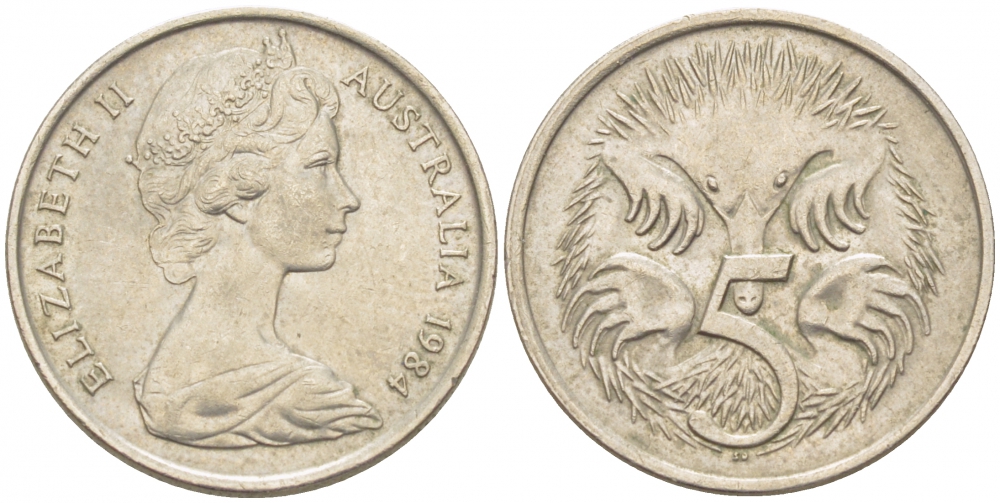 АВСТРАЛИЯ 5 ЦЕНТОВ 1984 ЕЛИЗАВЕТА II, МОЛОДОЙ ПОРТРЕТ, ЕХИДНА KM 64 медно-никель 3851-1136