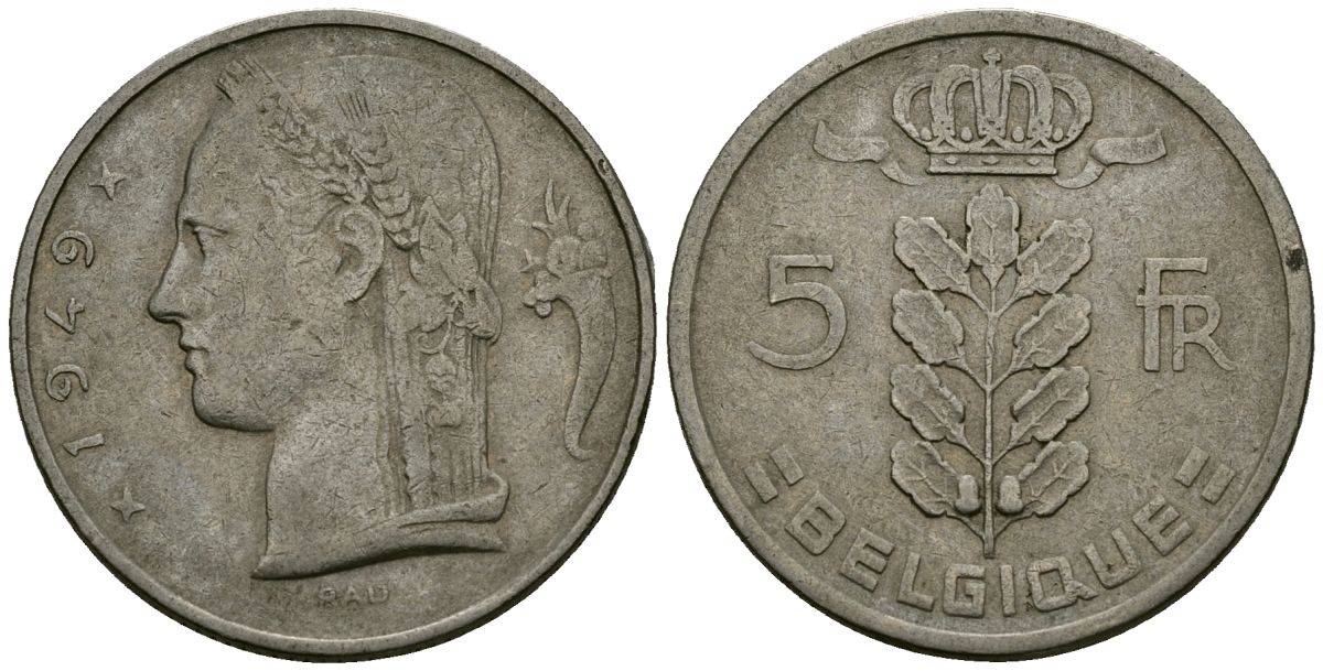 Бельгия 5 франков 1949 Леопольд III (1934-1950), Belgique KM 134.1 медно-никель 4172-542