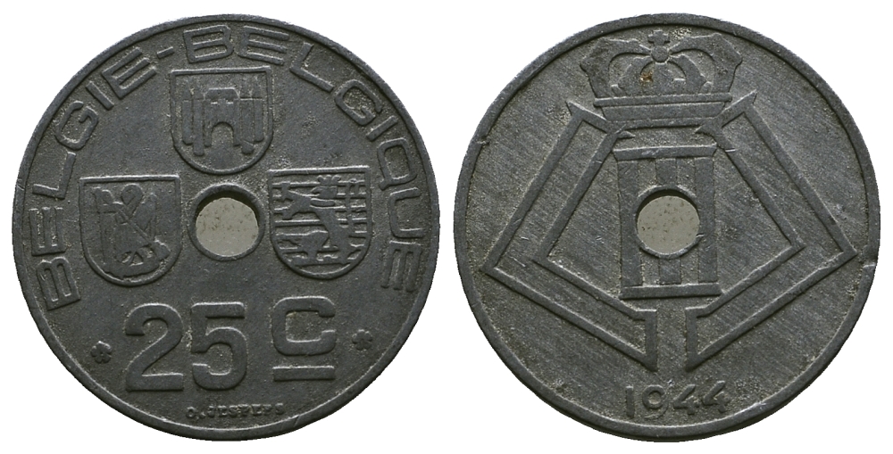 БЕЛЬГИЯ 25 САНТИМОВ 1944 BELGIE-BELGIQUE, ГЕРМАНСКАЯ ОККУПАЦИЯ, ВТОРАЯ МИРОВАЯ ВОЙНА KM 132 цинк 4384-111