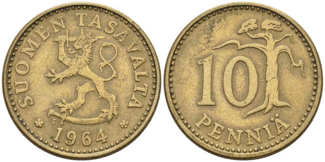ФИНЛЯНДИЯ 10 ПЕННИ 1964 S KM 46 алюминиевая бронза 192-257