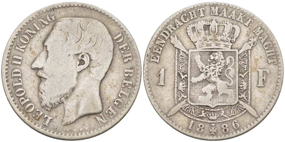 БЕЛЬГИЯ 1 ФРАНК 1886 ЛЕОПОЛЬД II (1865-1909), BELGEN, РАЗНОВИДНОСТЬ С ТОЧКОЙ В ПОДПИСИ KM 29.1 серебро 4514-626