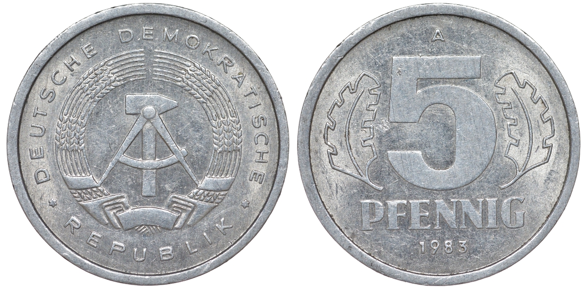 ГДР 5 ПФЕННИГОВ 1983 A КМ 9.2 алюминий 62-455