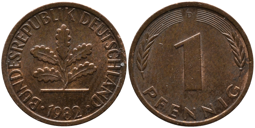 ФРГ 1 ПФЕННИГ 1982 D KM 105, J.380 сталь плакированная медью 96-1116