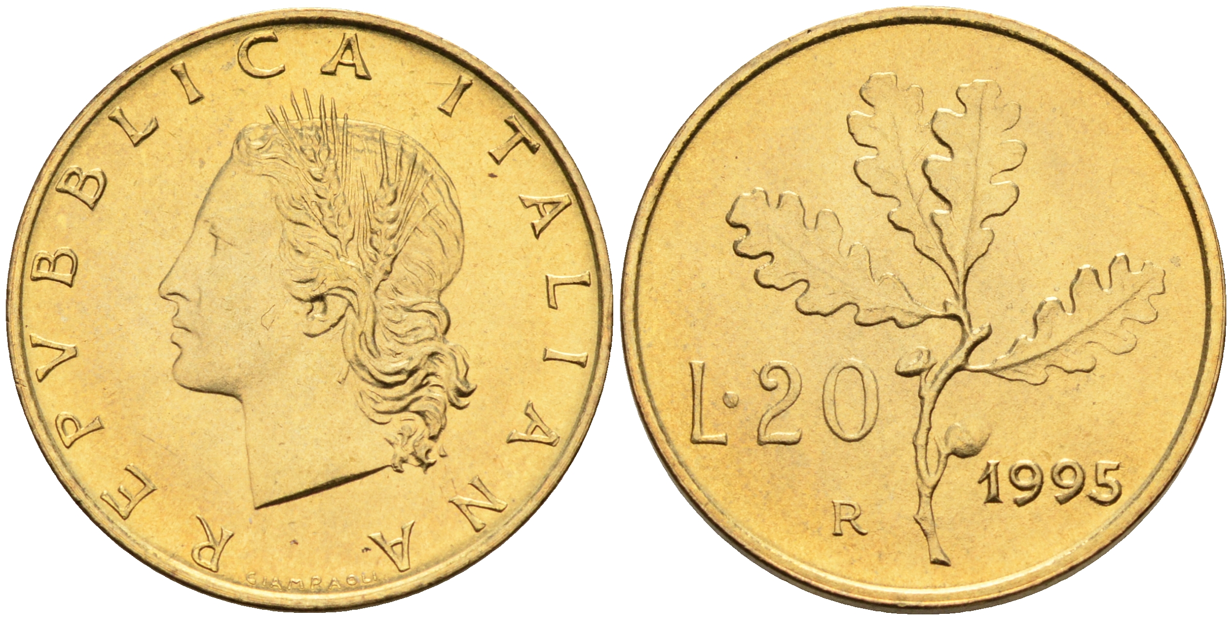Италия 20 лир 1995 R, дубовый лист KM 97.2 алюминиевая бронза  UNC  4594-1028