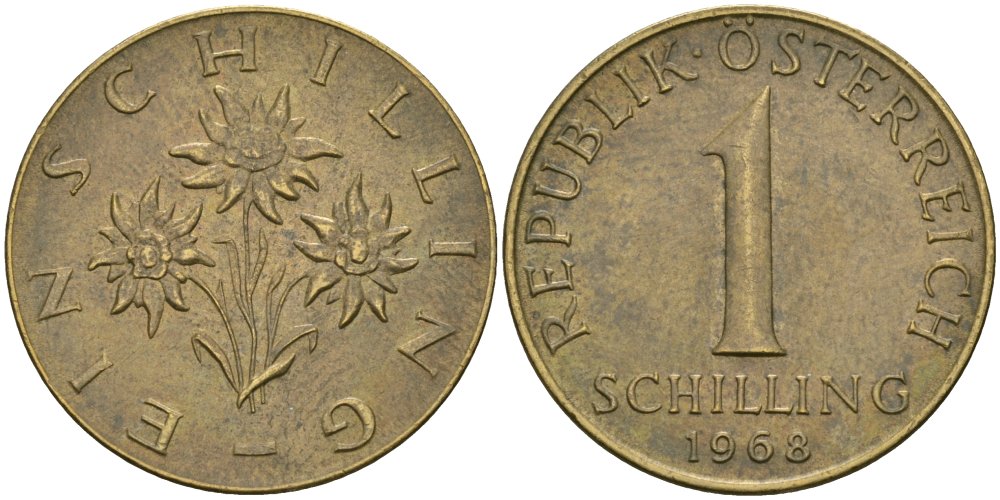 Австрия 1 шиллинг 1968 KM 2886 алюминиевая бронза 4579-331