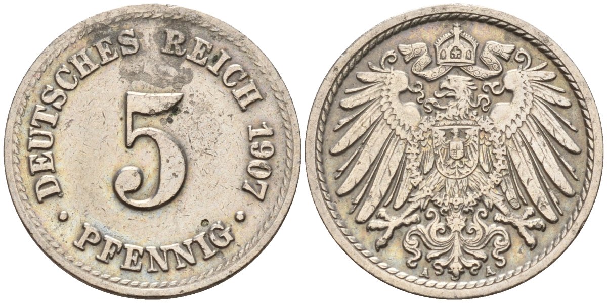 Германия 5 пфеннигов 1907 F KM 11, J. 12 медно-никель 4151-463
