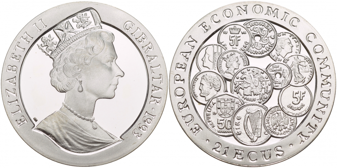 Гибралтар 21 экю 1993 европейский экономический союз KM 632 серебро PROOF 00-000-00