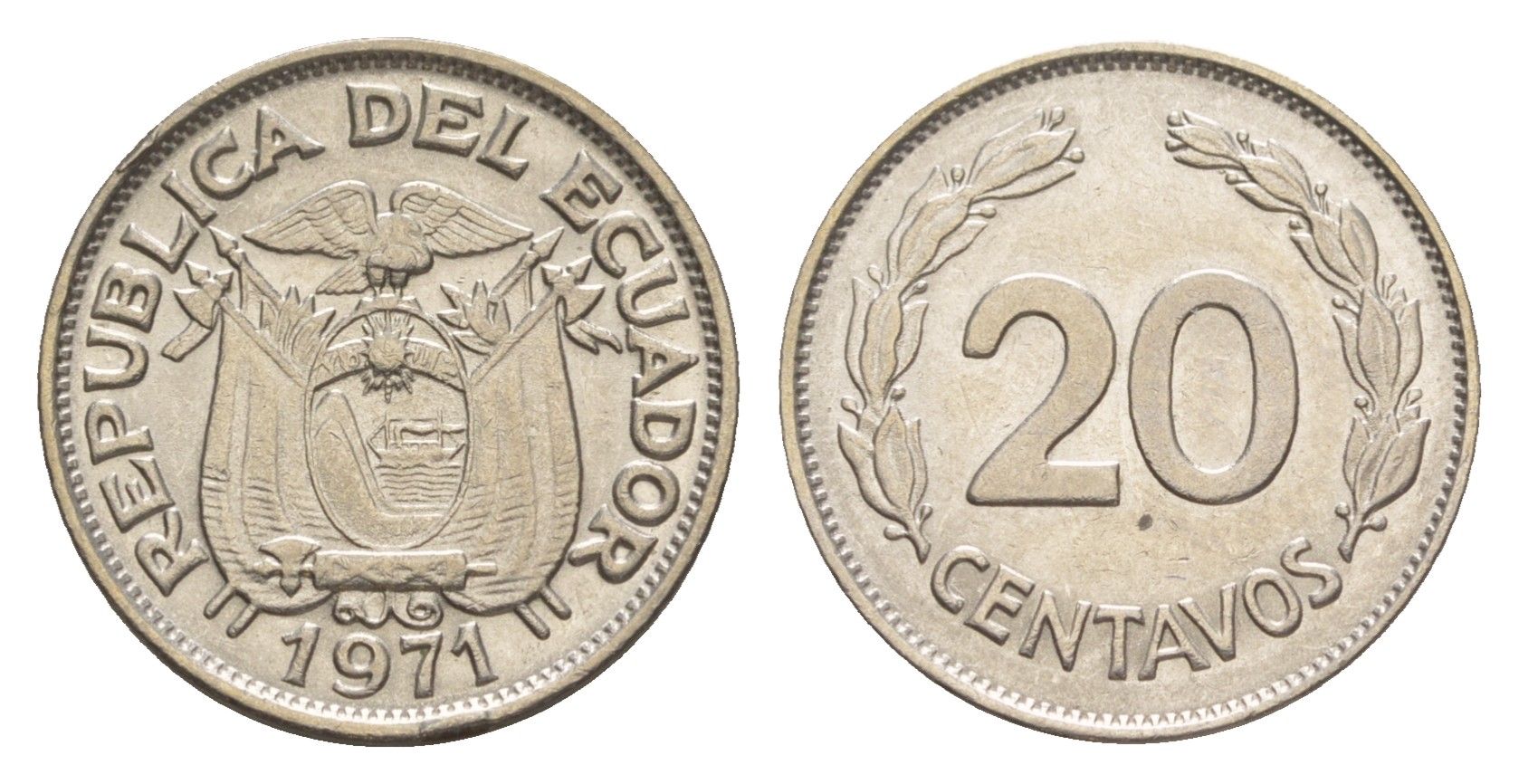 Эквадор 20 сентаво 1971 KM 77.1c сталь плакированная никелем aUNC 4640-1232
