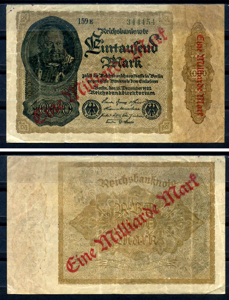 Германия 1000000000 марок 1923 красная диагональная, двухсторонняя надпечатка на 1000 марок 1922, бумага белая, водяной знак 1001 Pick 113 a (4) бумага 8589-6-2-1