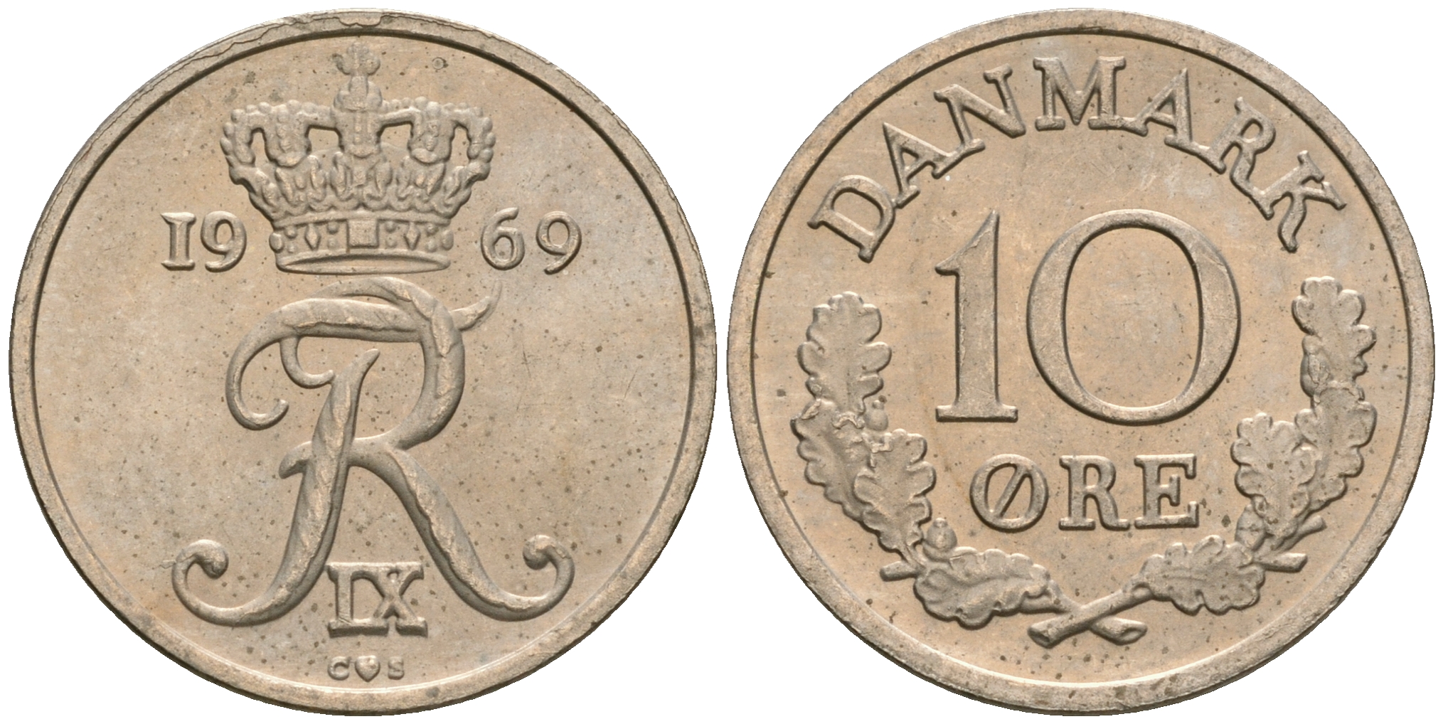 Дания 10 эре 1969 C,S, Фредерик IX (1947-1972) KM 849.1 медно-никель UNC 08-1447