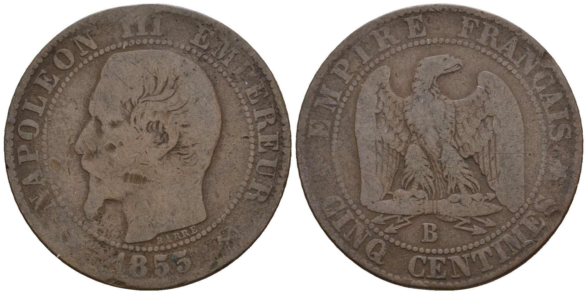 Франция 5 сантимов 1853 B, Наполеон III (1852-1870) KM 777.2, LE FRANC 116.2 бронза 4606-936