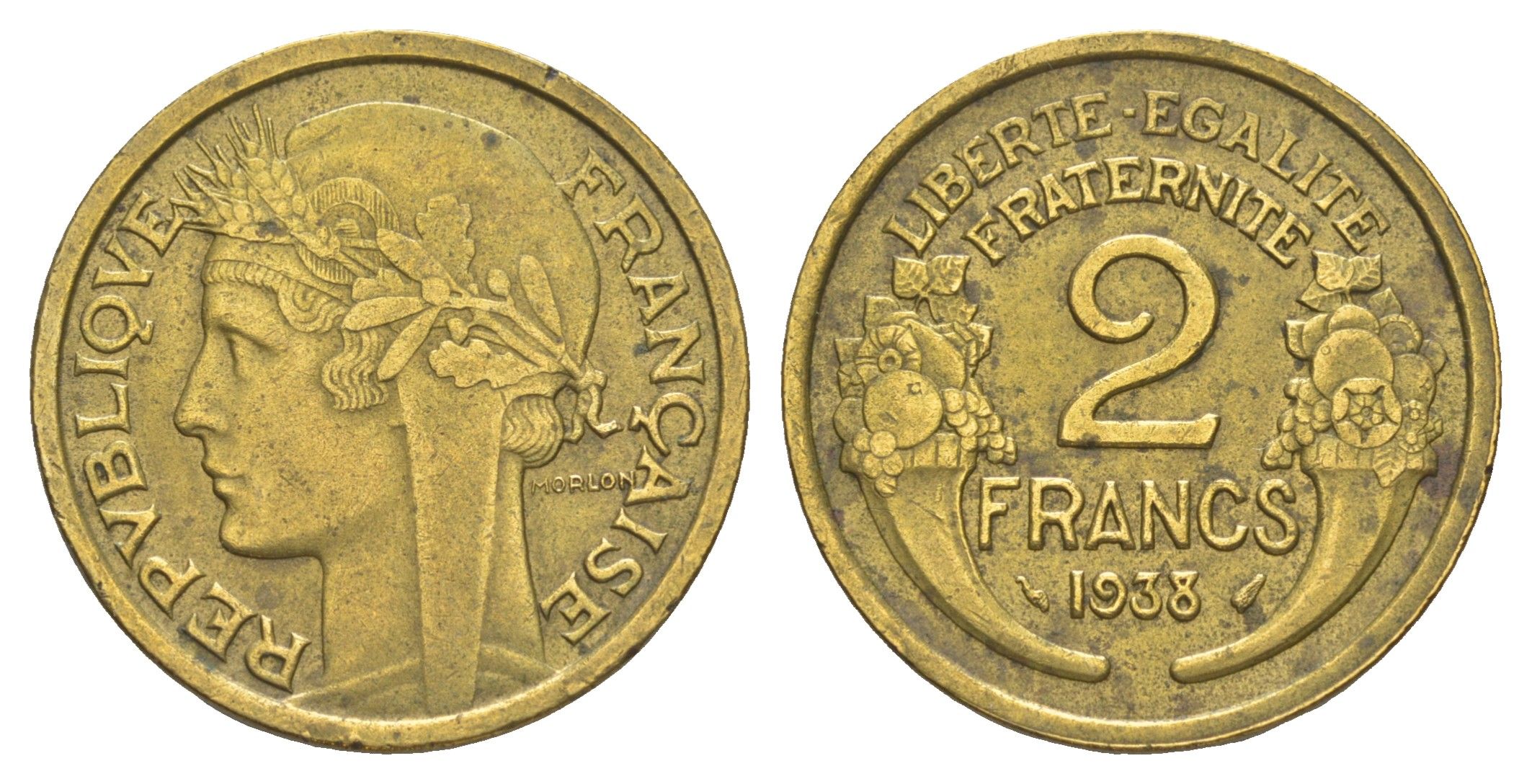 Франция 2 франка 1938 KM 886 алюминиевая бронза 4543-124