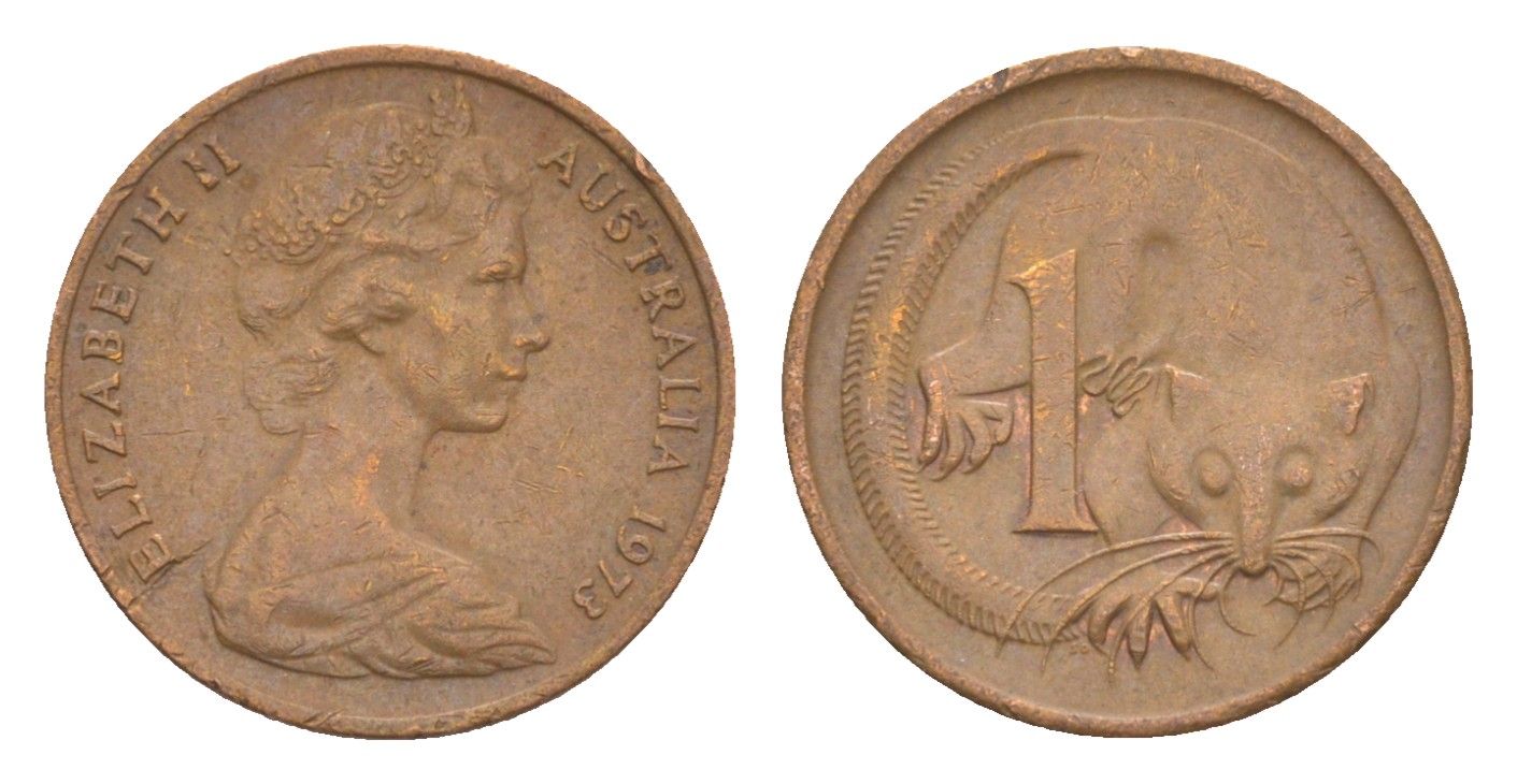 Австралия 1 цент 1973 Елизавета II (1952-2022), молодой портрет, опоссум KM 62 бронза 4585-346