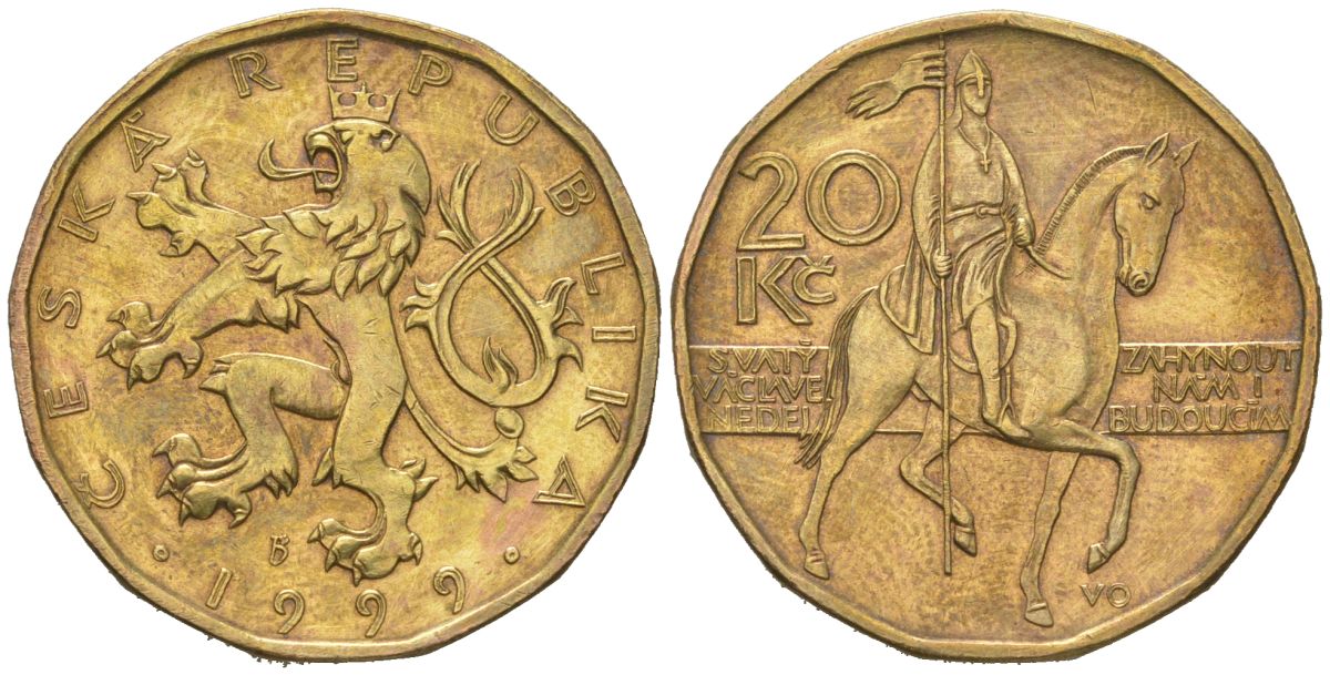 Чехия 20 крон 1999 b’, чешский лев, герцог Вацлав на коне KM 5 сталь плакированная латунью aUNC 4591-112