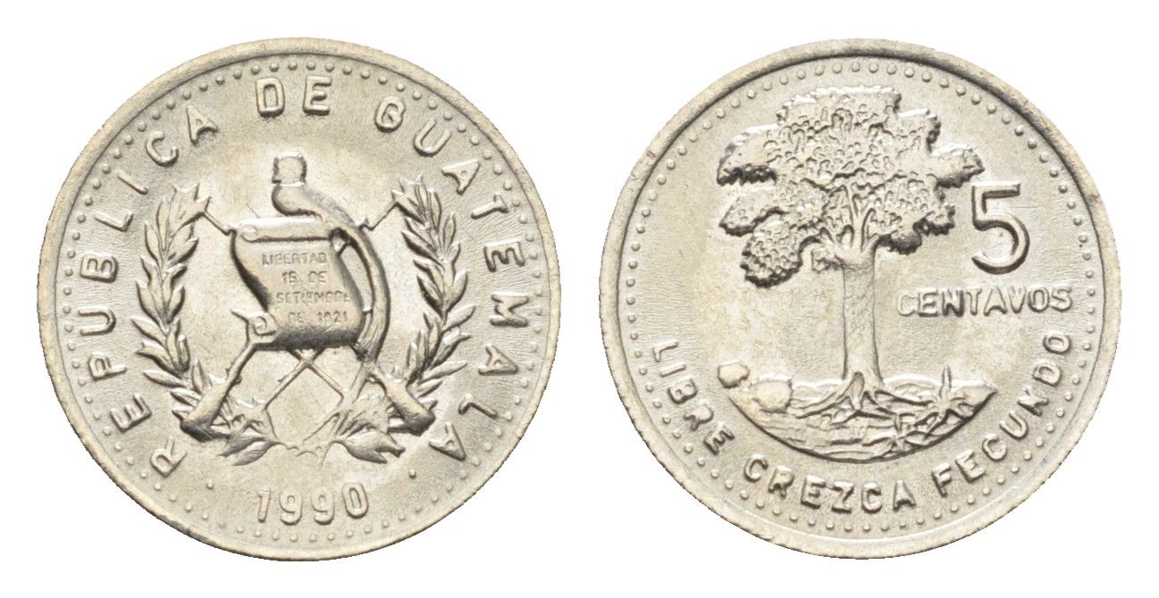 Гватемала 5 сентаво 1990 KM 276 медно-никель 4668-751