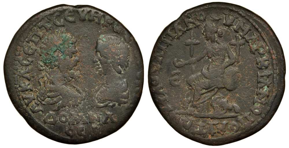 Римская Империя, Провинция Нижняя Мезия, Маркианополь пентассарий 193 - 211 Септимий Север, бюсты Септимия Севера и Юлии Домны / Кибела на троне, 12,33 гр Varbanov 857 медь 1073-7-24