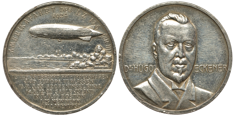 ГЕРМАНИЯ МЕДАЛЬ 1924 ХУГО ЭККЕНЕР, ДИРИЖАБЛЬ, 15,1 гр, 33 мм серебро 413-5024