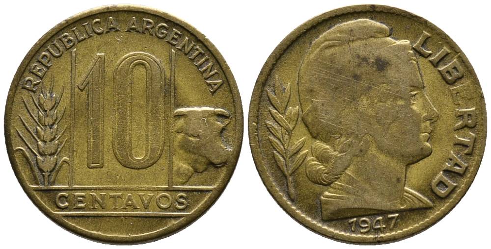 Аргентина 10 сентаво 1947 голова Свободы вправо KM 41 алюминиевая бронза 4528-243