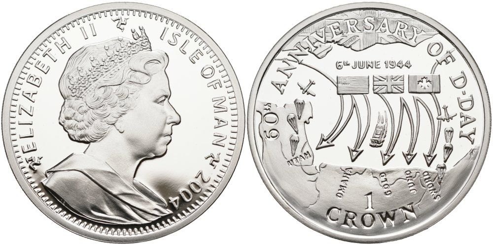 Остров Мэн 1 крона 2004 60 лет D-DAY, карта наступления союзников KM 1222a серебро PROOF 02-109-45