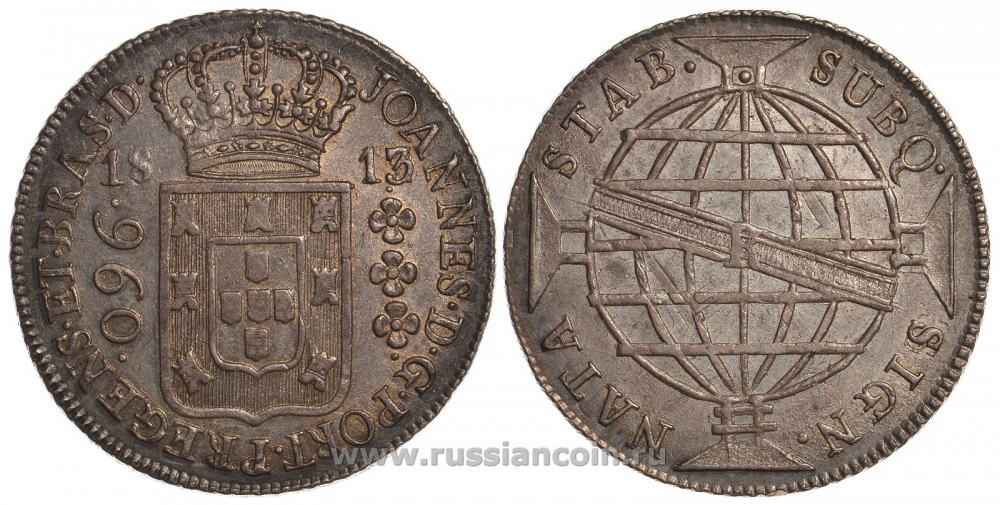 Бразилия Португальская 960 рейс 1813 R перечекан из 1812 KM 307.3 серебро 00-804-14